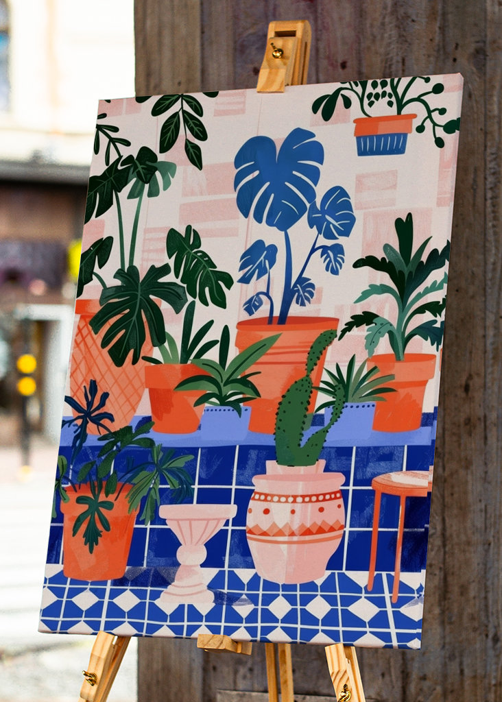 Innendørs planter med blå fliser