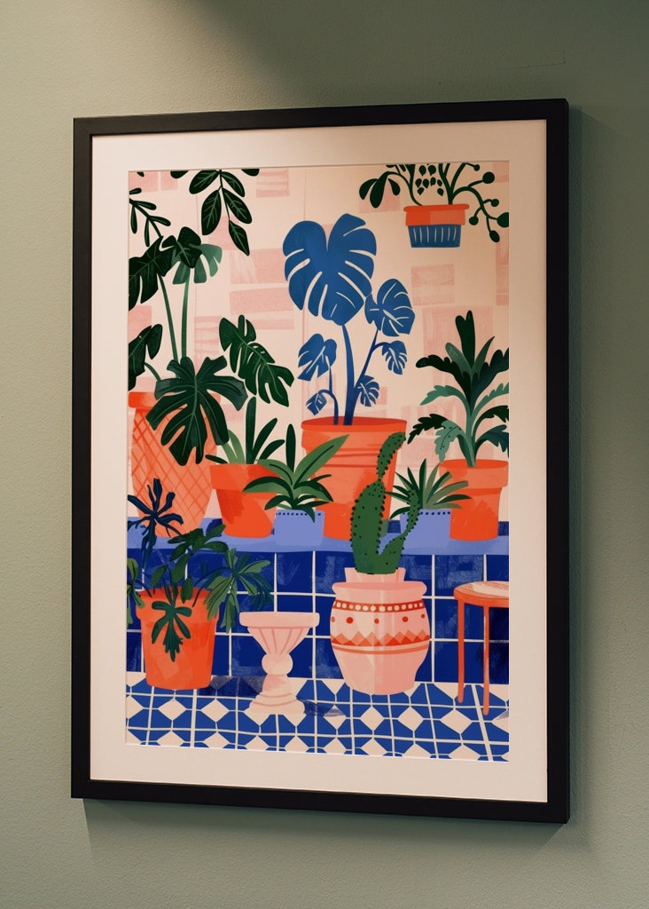 Innendørs planter med blå fliser