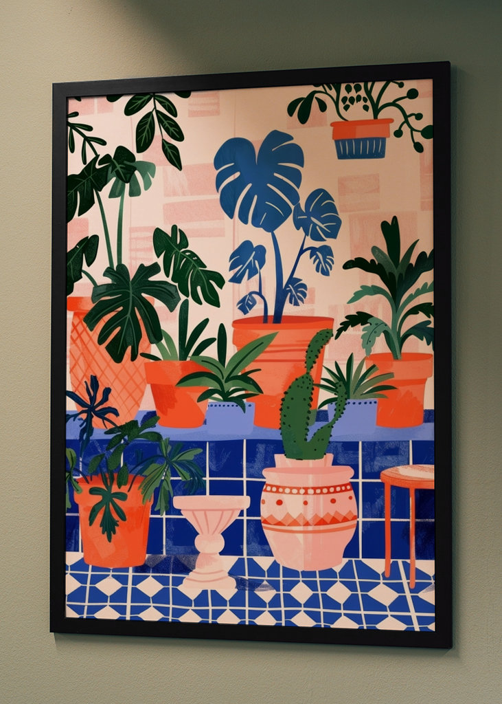 Innendørs planter med blå fliser