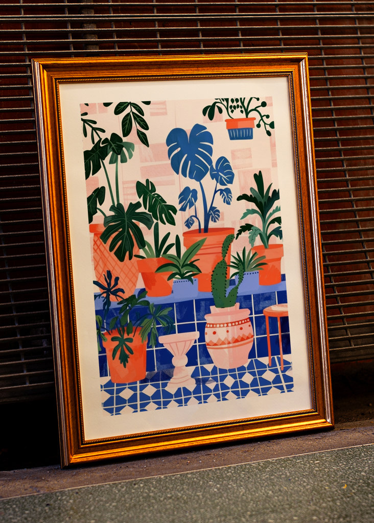 Innendørs planter med blå fliser