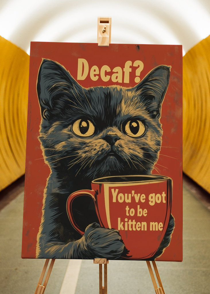 Plakat z kotem z kawą bezkofeinowy