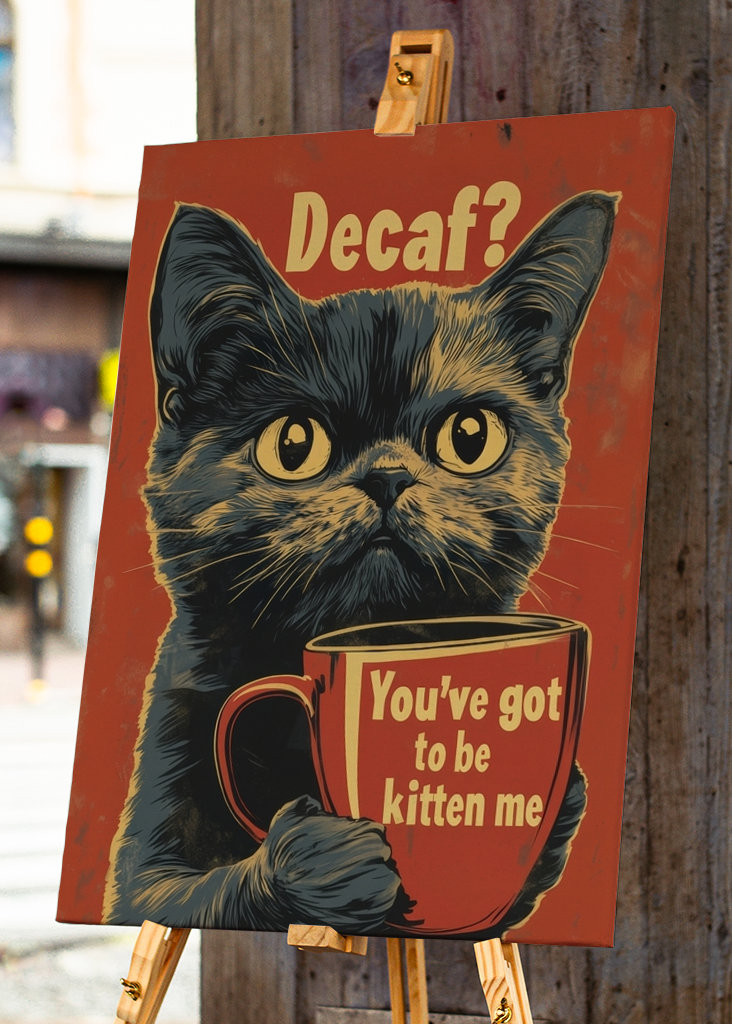 Plakat z kotem z kawą bezkofeinowy