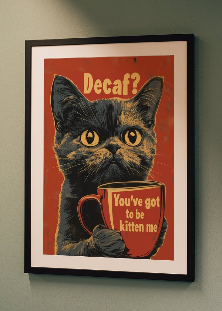 Plakat z kotem z kawą bezkofeinowy