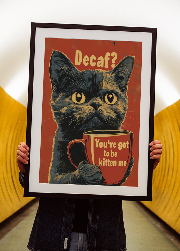 Plakat z kotem z kawą bezkofeinowy