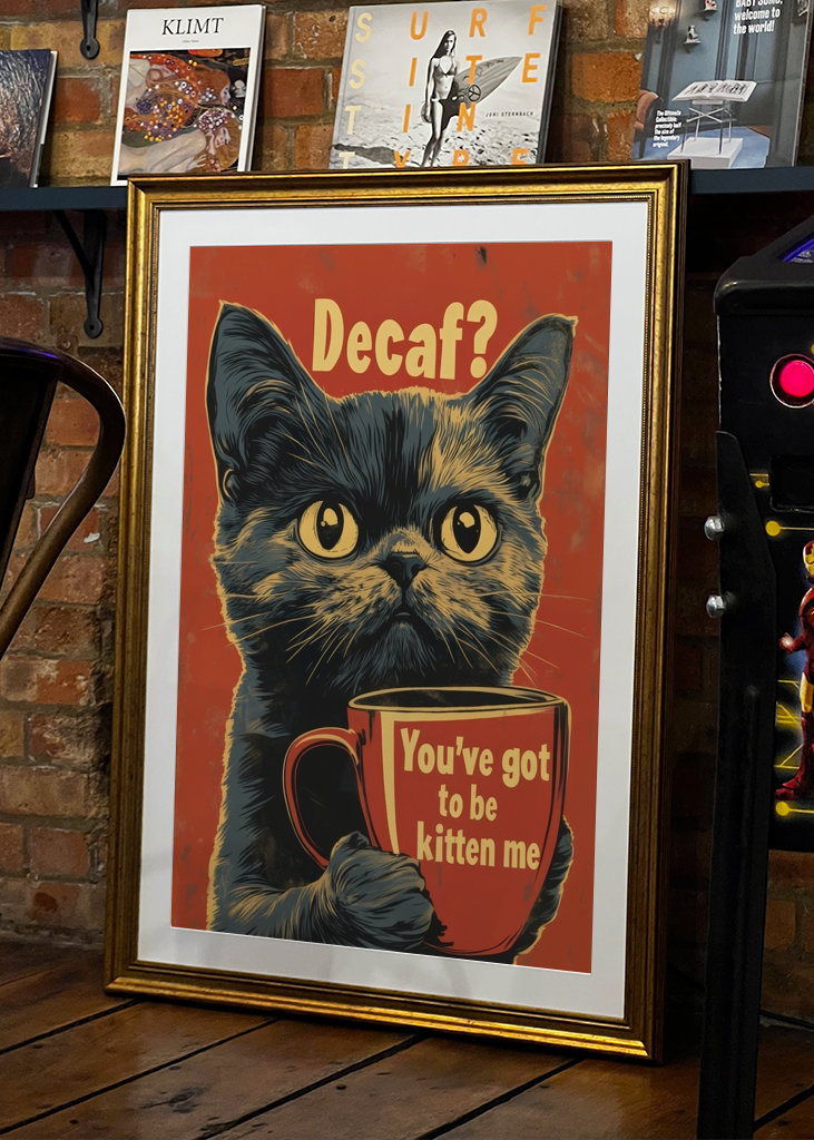 Plakat z kotem z kawą bezkofeinowy