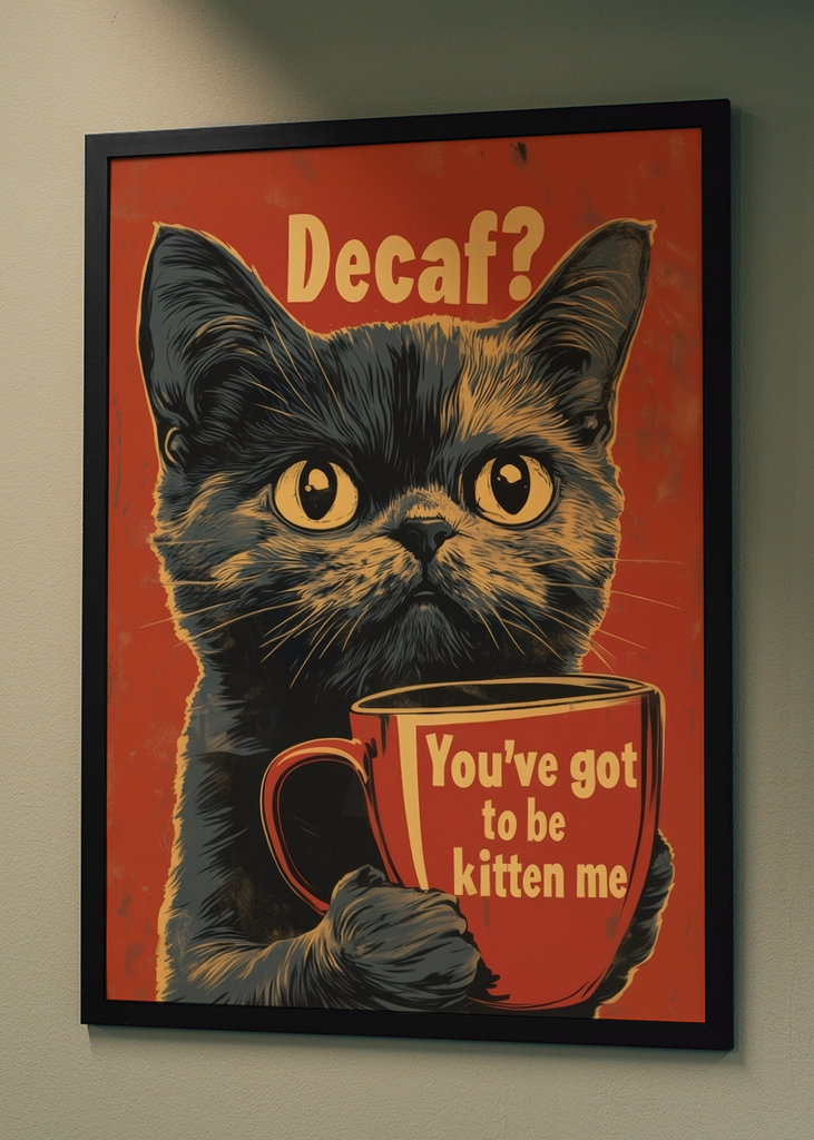 Plakat z kotem z kawą bezkofeinowy