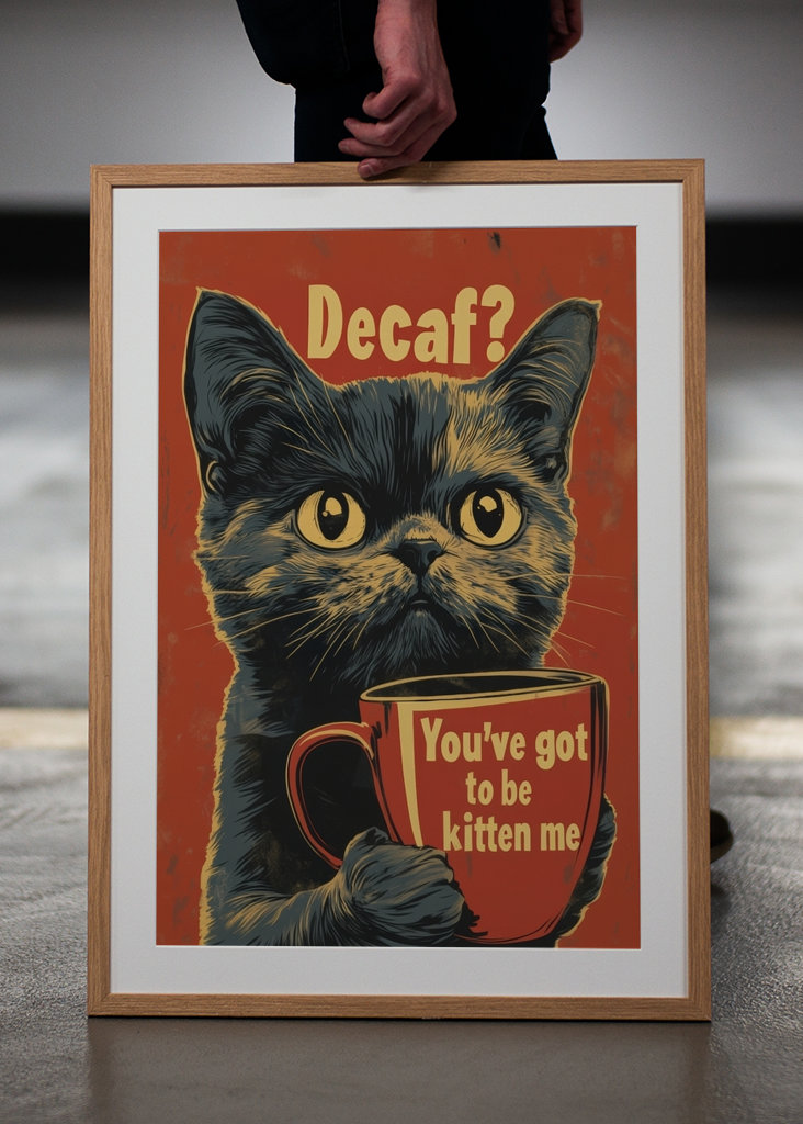Plakat z kotem z kawą bezkofeinowy