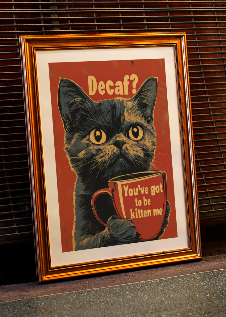 Plakat z kotem z kawą bezkofeinowy
