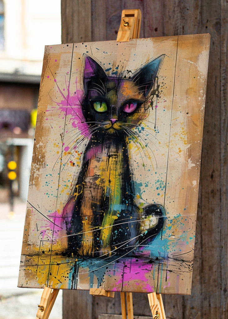 Bunte Katze mit Farbtupfern