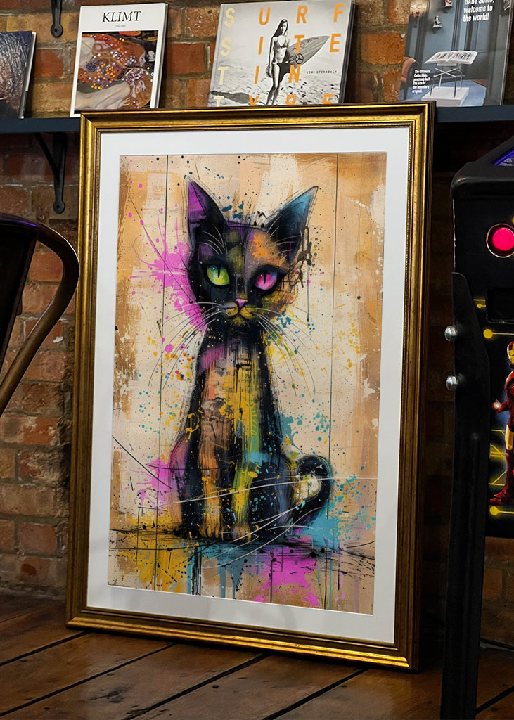 Bunte Katze mit Farbtupfern