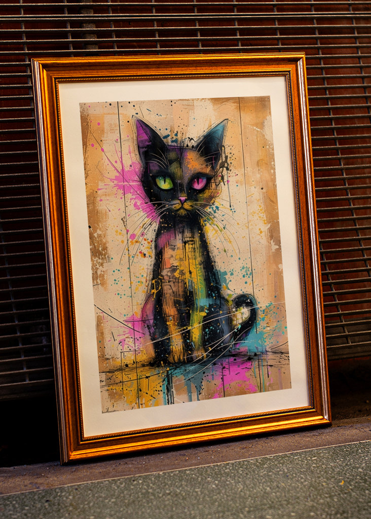 Bunte Katze mit Farbtupfern