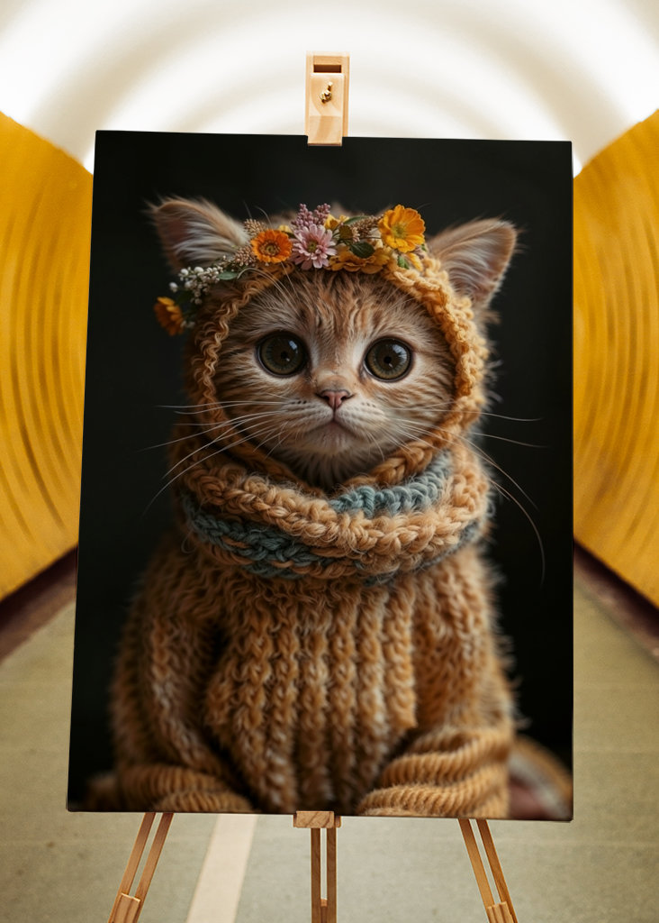 Gullig Katt i Stickad Dräkt