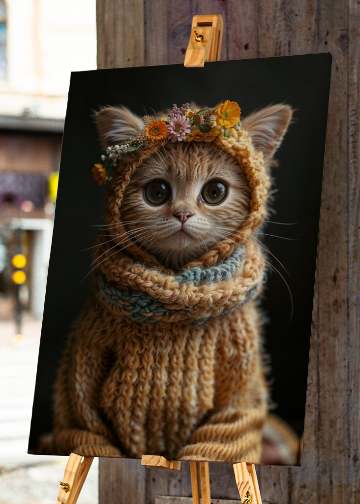 Gullig Katt i Stickad Dräkt