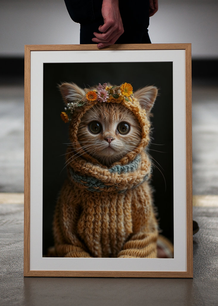 Gullig Katt i Stickad Dräkt