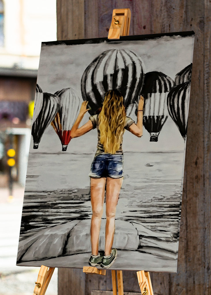 Mädchen mit Heißluftballons.