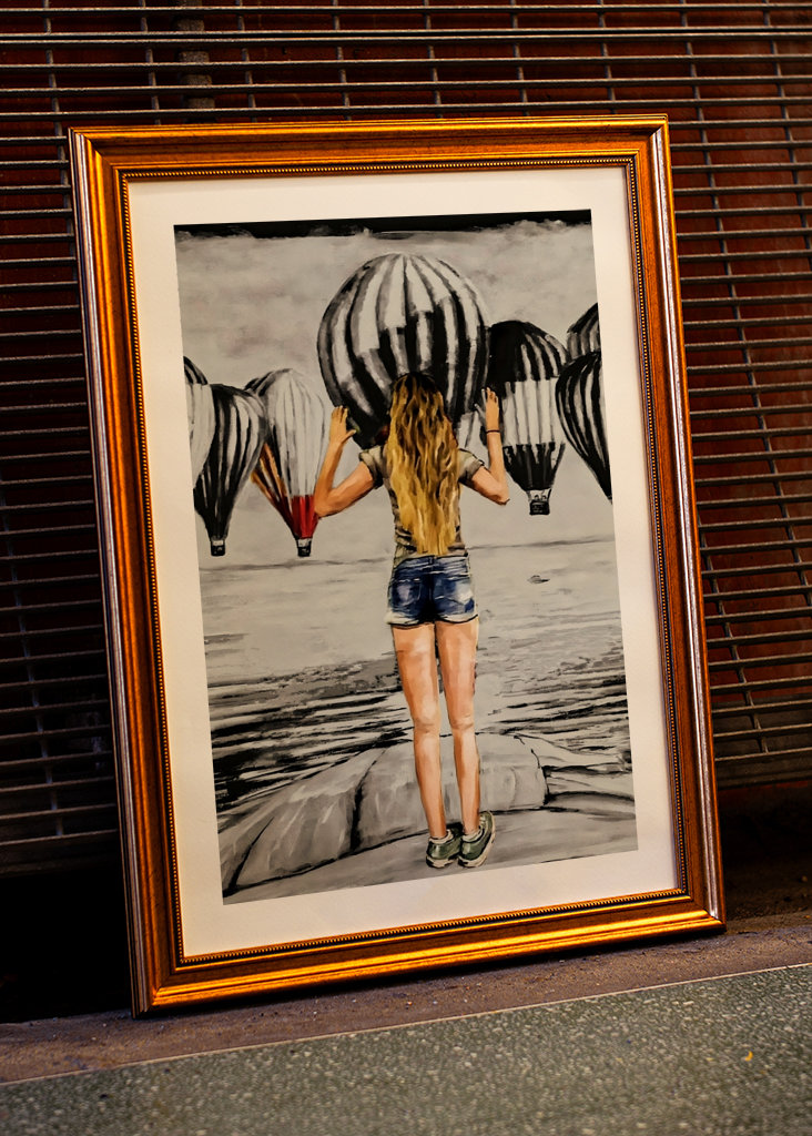 Mädchen mit Heißluftballons.