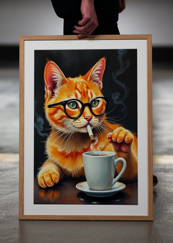 Pomarańczowy kot i kawa