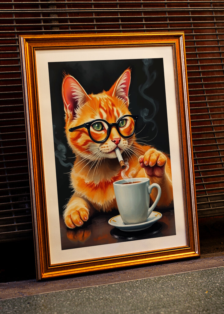 Pomarańczowy kot i kawa