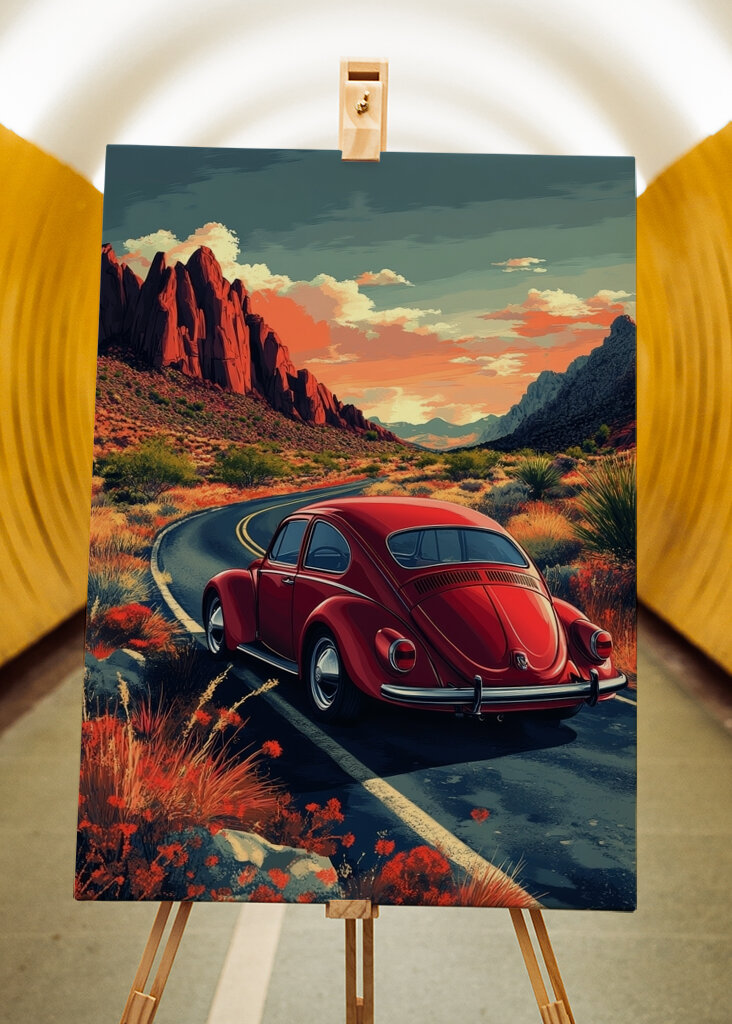 Červený brouk na pouštní cestě