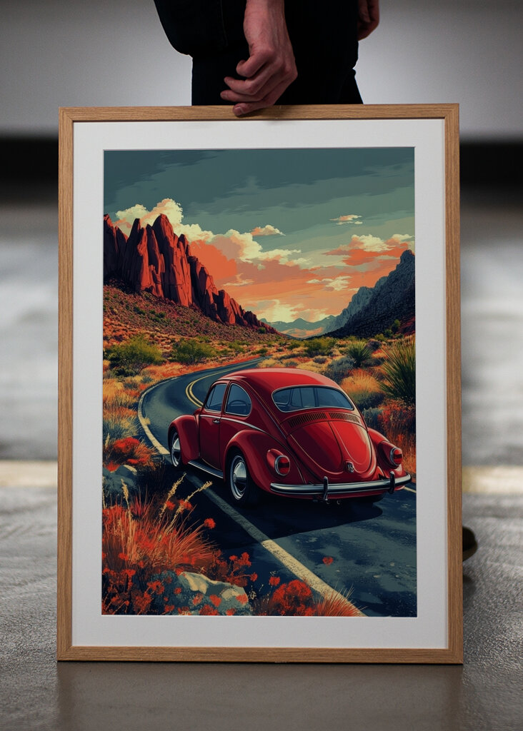 Červený brouk na pouštní cestě