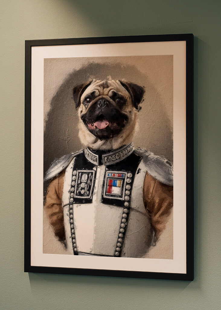 Pug con traje de comandante galáctico