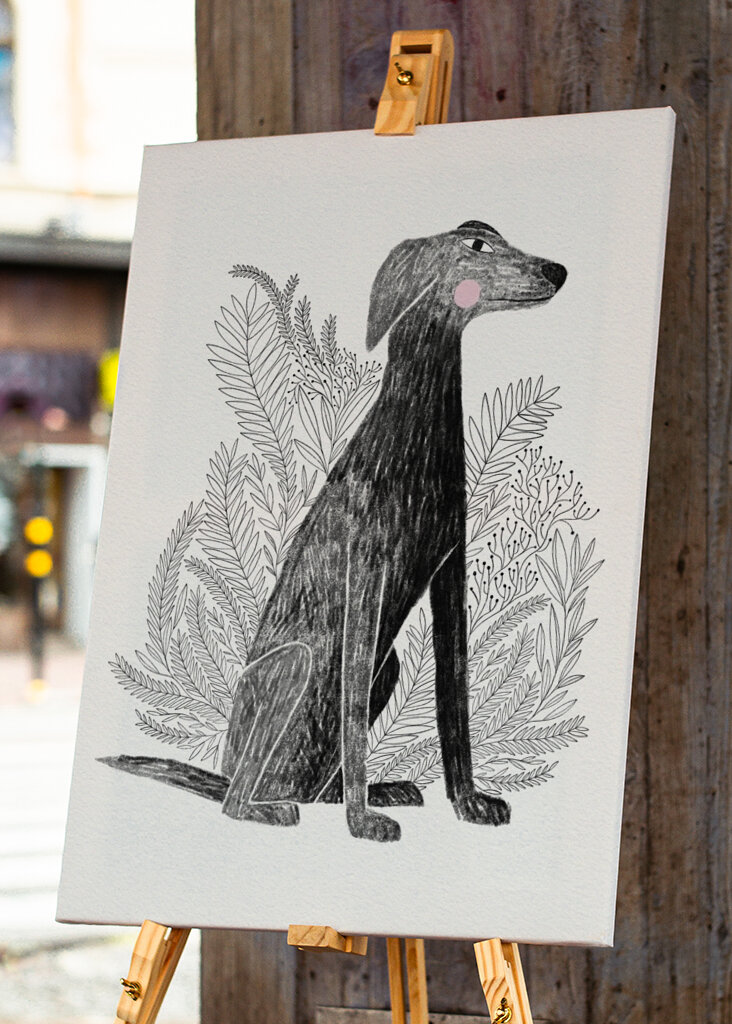 Perro galgo con plantas