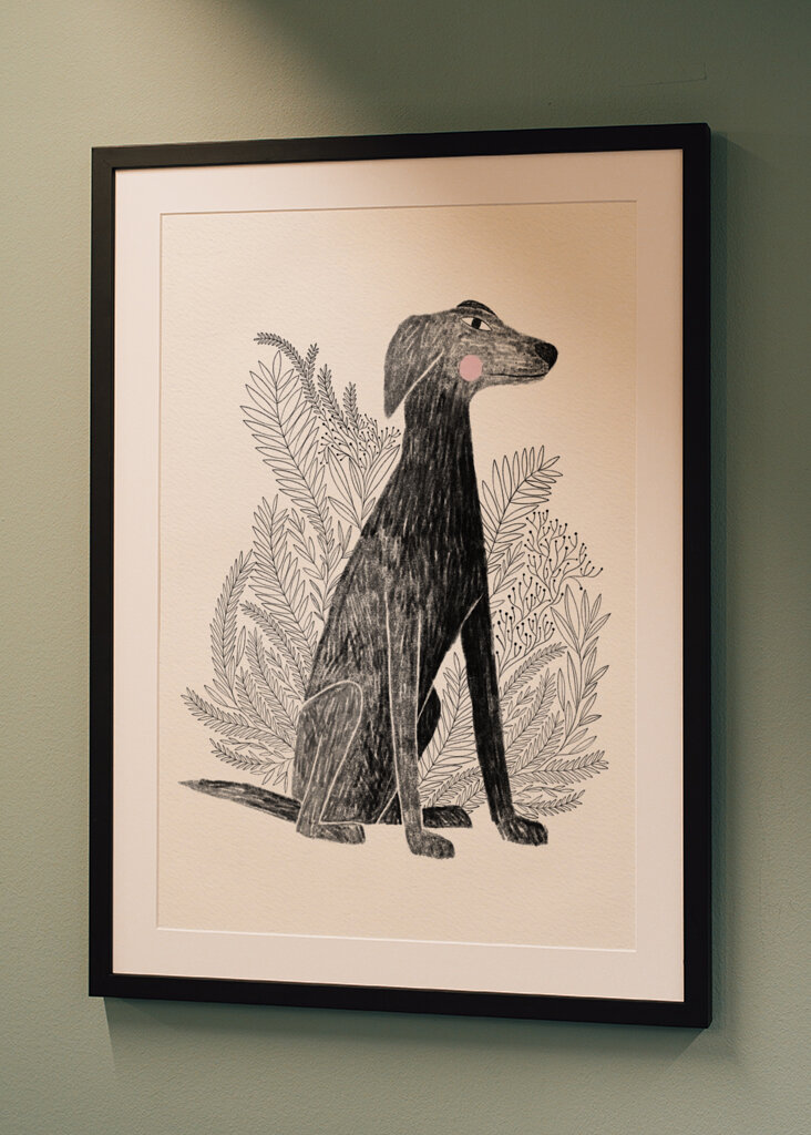 Perro galgo con plantas