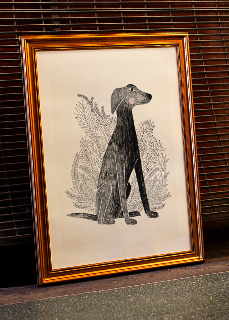 Perro galgo con plantas