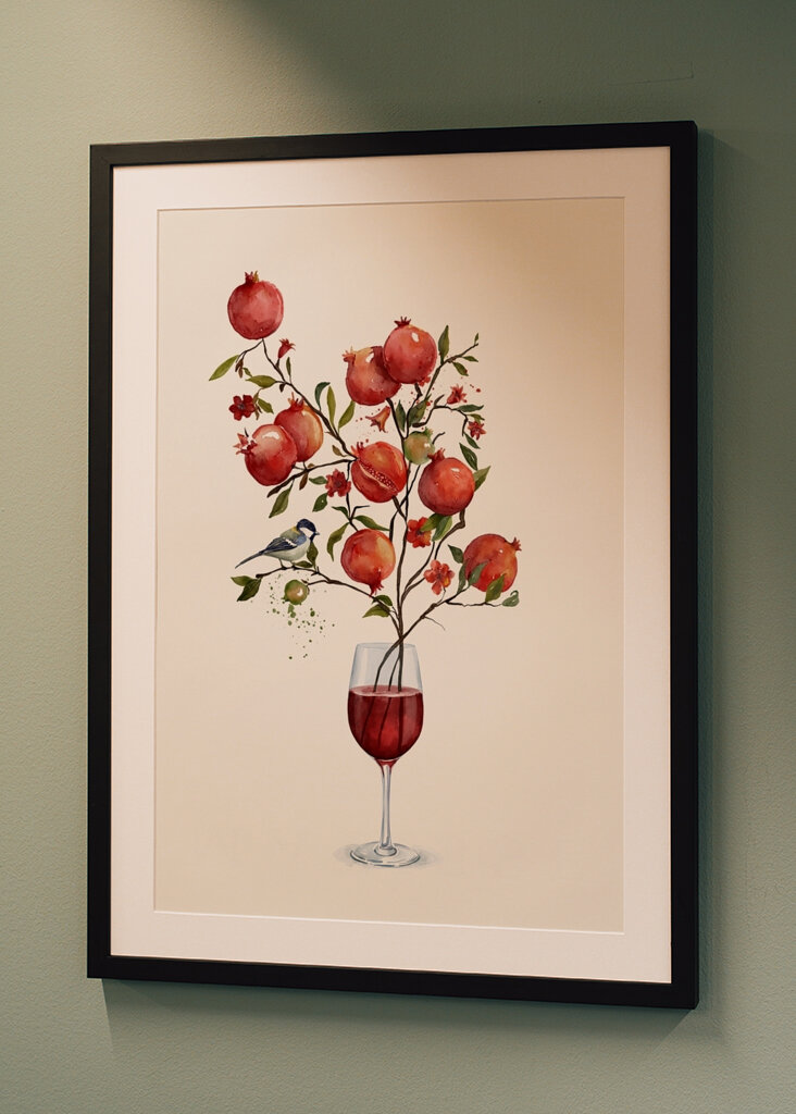 Granátové jablko ve sklenici vína