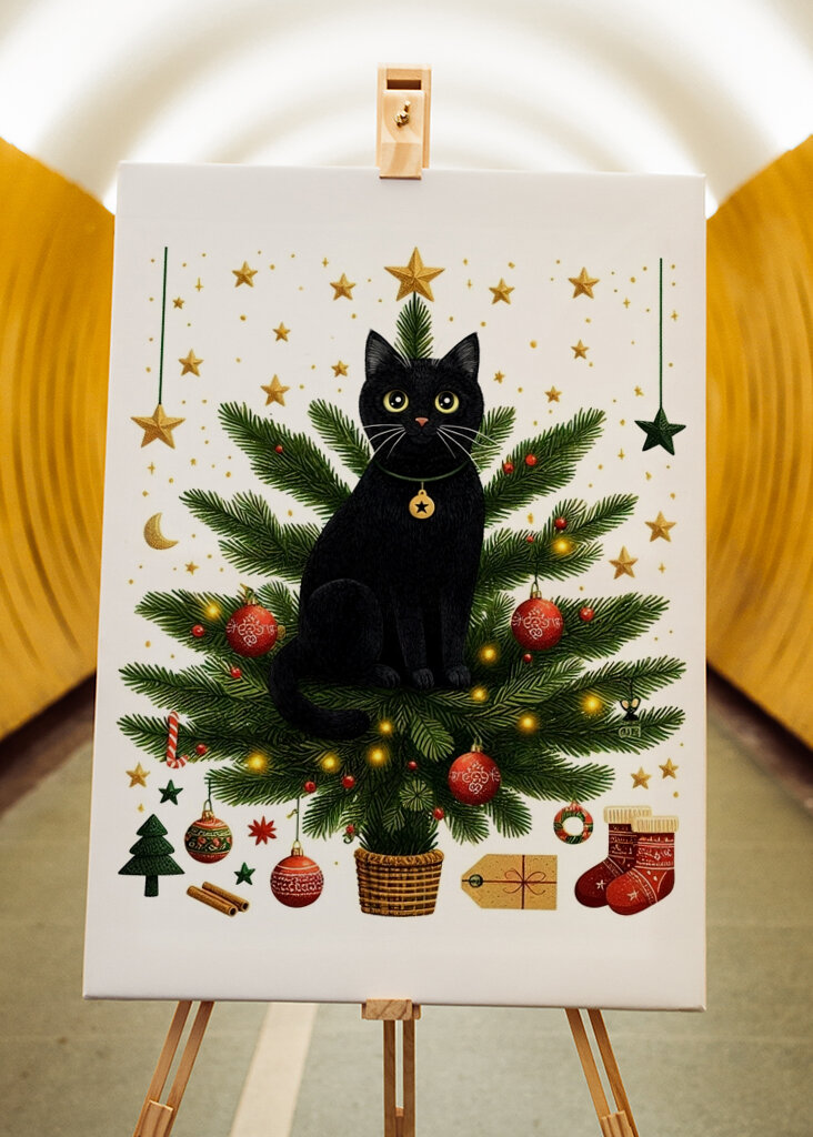 Chat noir sur le sapin de Noël