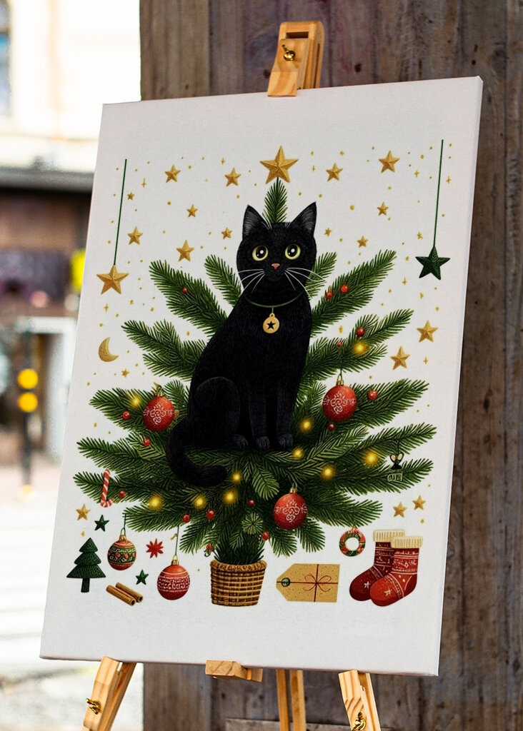 Chat noir sur le sapin de Noël