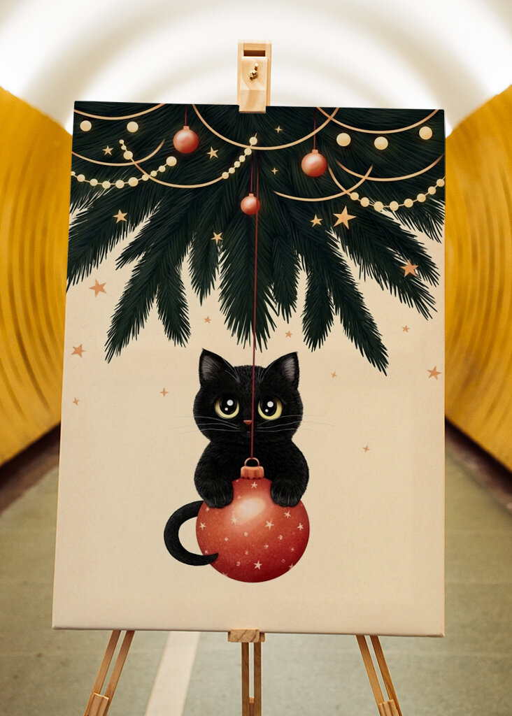 Cat under christmas tree