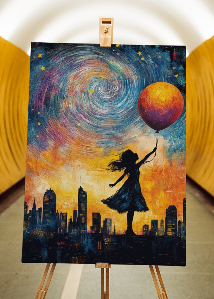 Das Mädchen mit dem Ballon in Richtung Weltraum