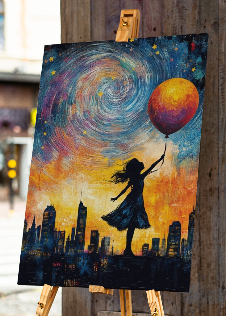 Das Mädchen mit dem Ballon in Richtung Weltraum