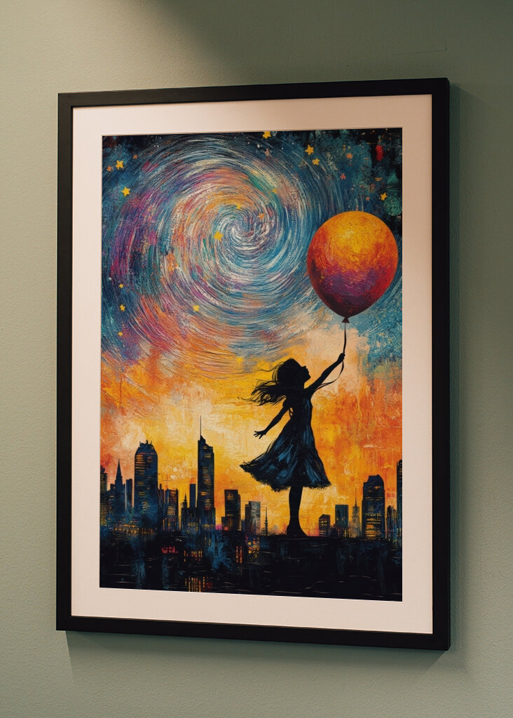 Das Mädchen mit dem Ballon in Richtung Weltraum