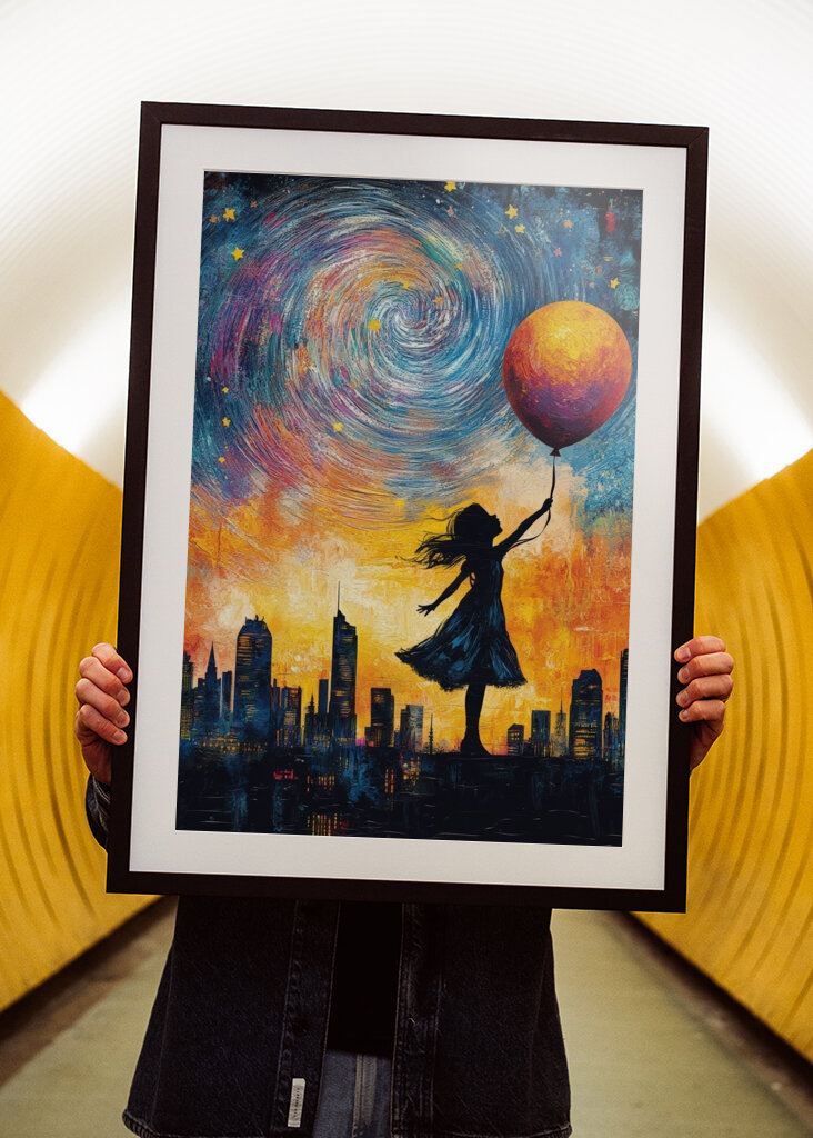 Das Mädchen mit dem Ballon in Richtung Weltraum