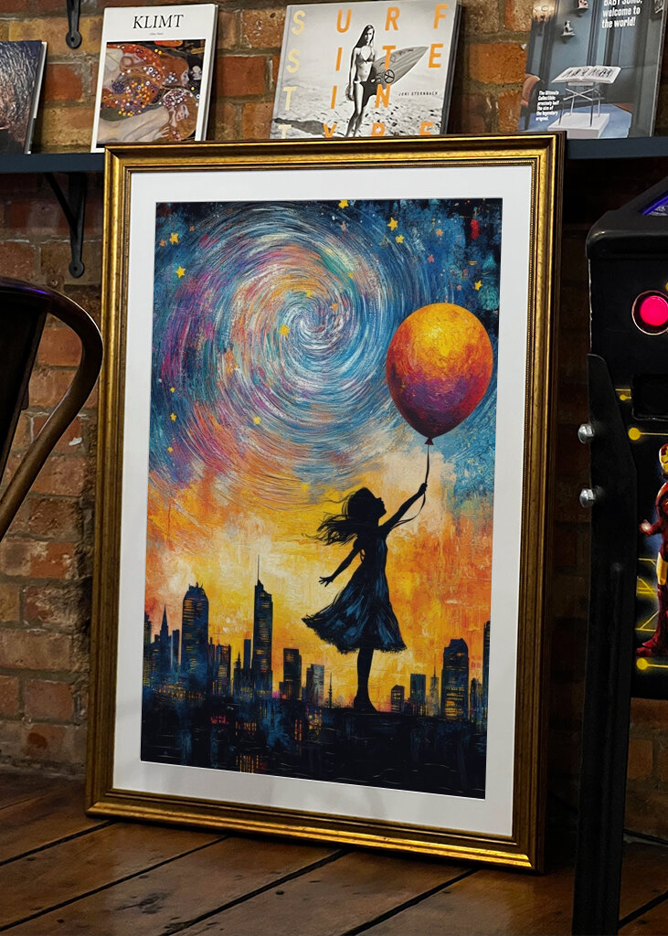 Das Mädchen mit dem Ballon in Richtung Weltraum