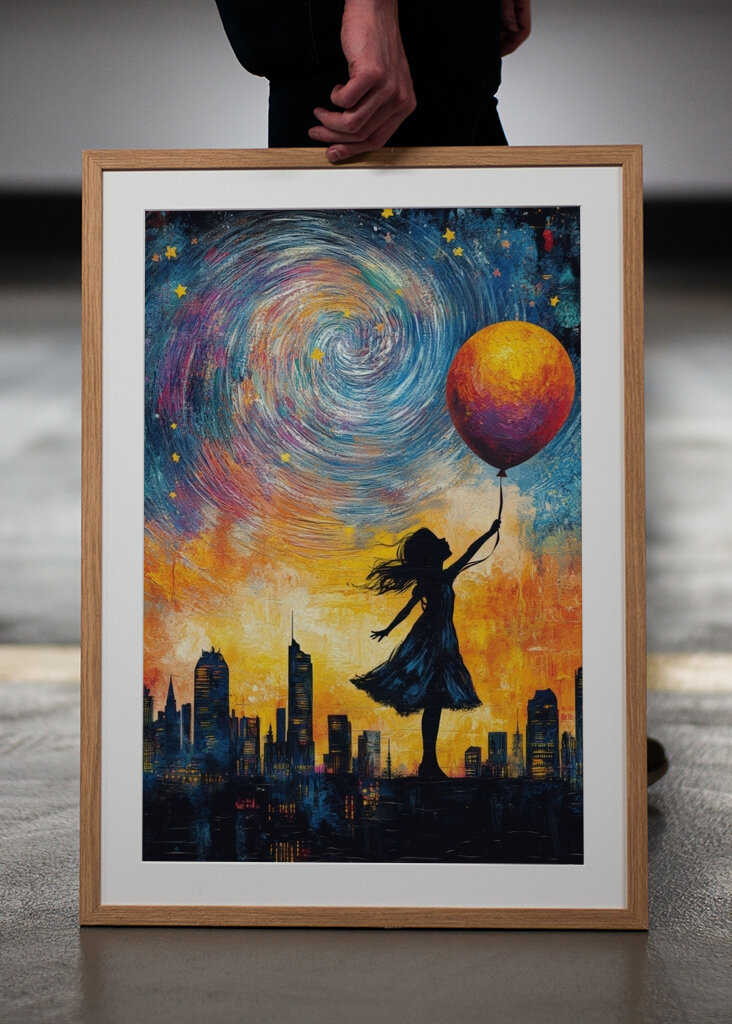 Das Mädchen mit dem Ballon in Richtung Weltraum