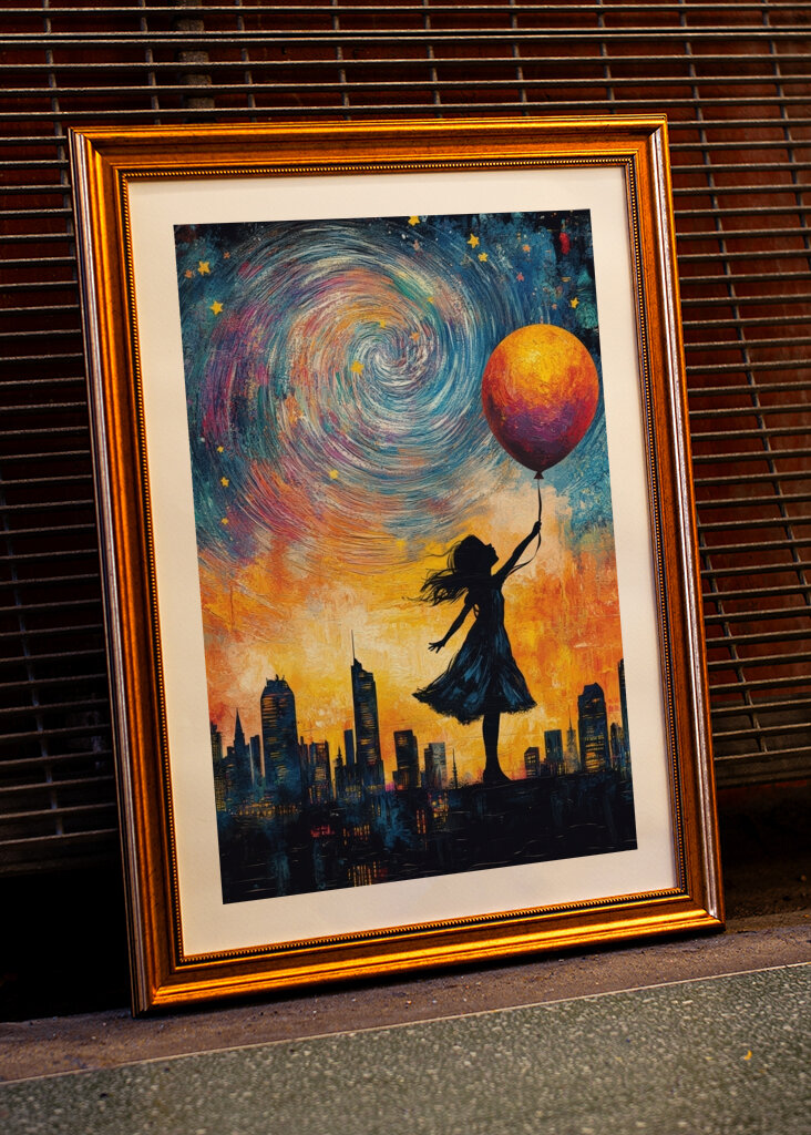 Das Mädchen mit dem Ballon in Richtung Weltraum