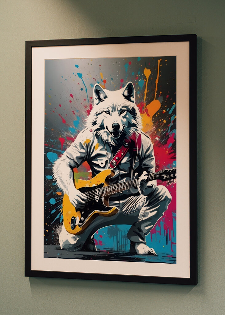 Vit varg som spelar gitarr