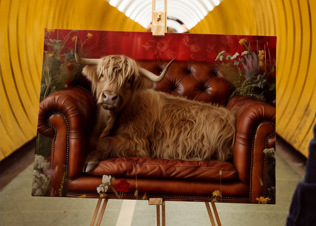 Galloway Rind auf Ledersofa