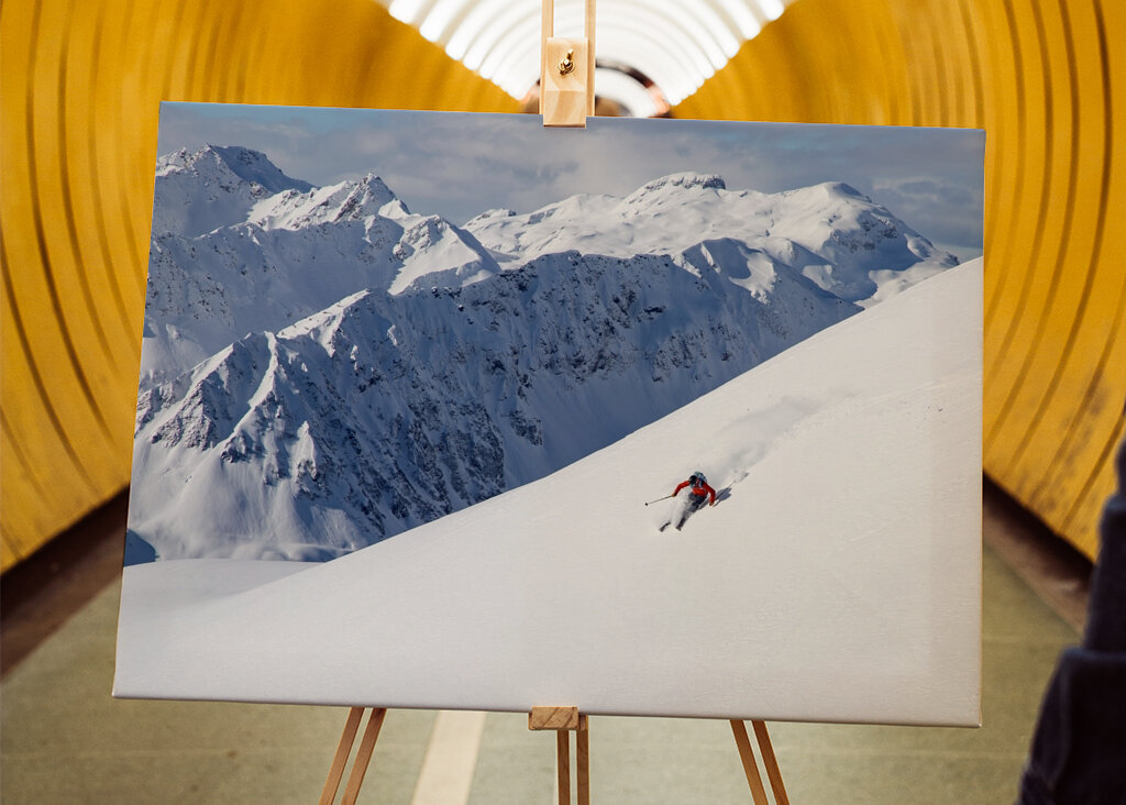Skier with a view in the Alps