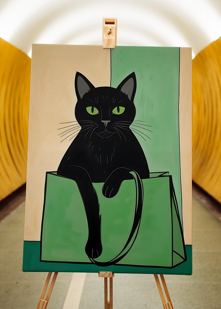 Chat noir avec sac vert