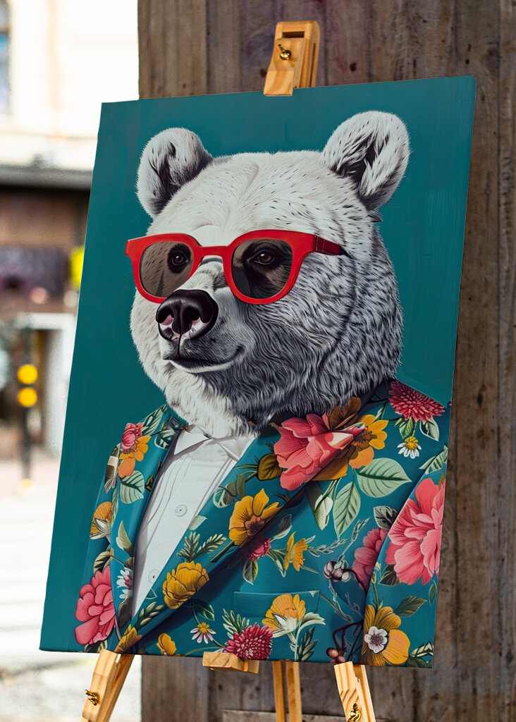 Medve virágos öltönyben és árnyalatokban