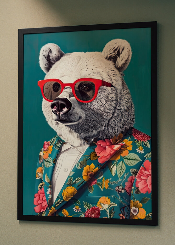 Medve virágos öltönyben és árnyalatokban