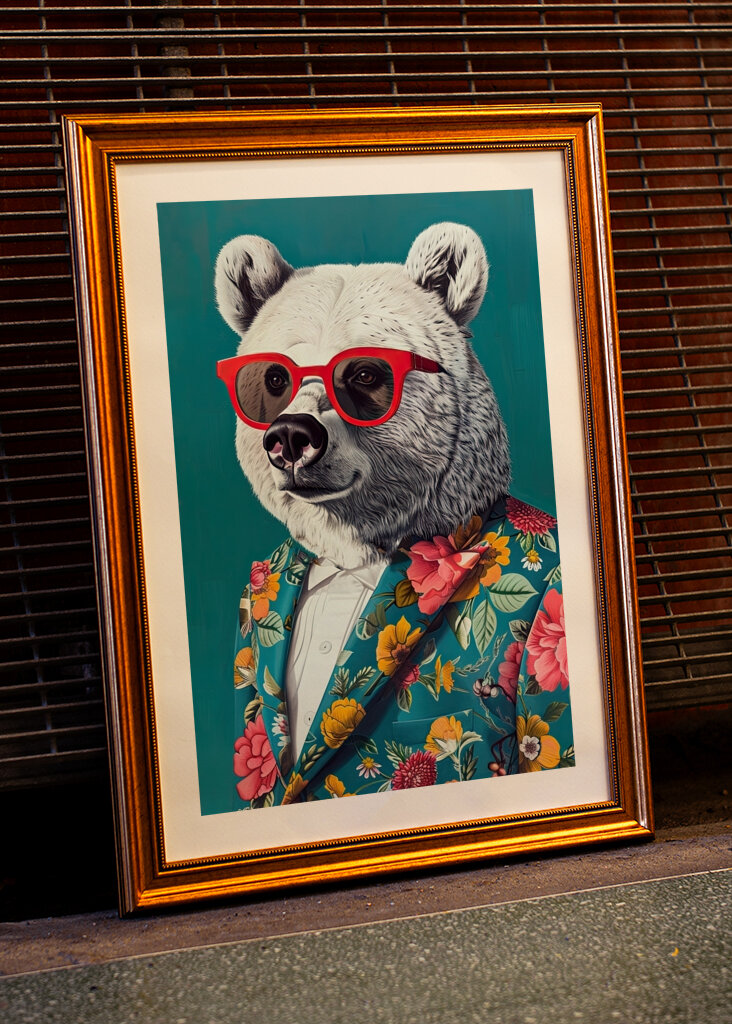 Medve virágos öltönyben és árnyalatokban