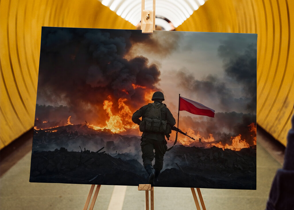 Soldier with Flag in Fire