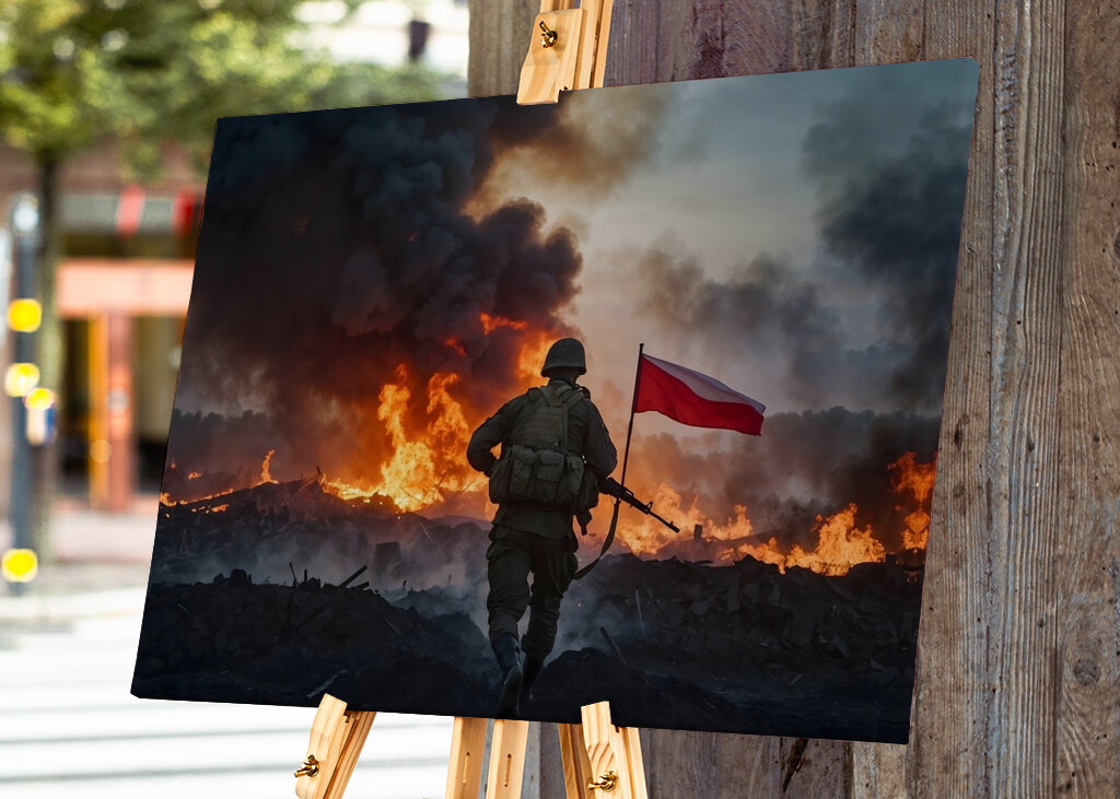 Soldier with Flag in Fire