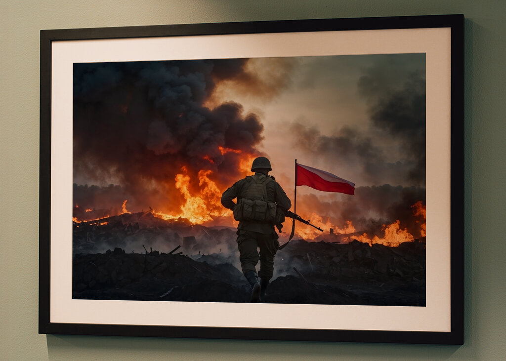 Soldier with Flag in Fire