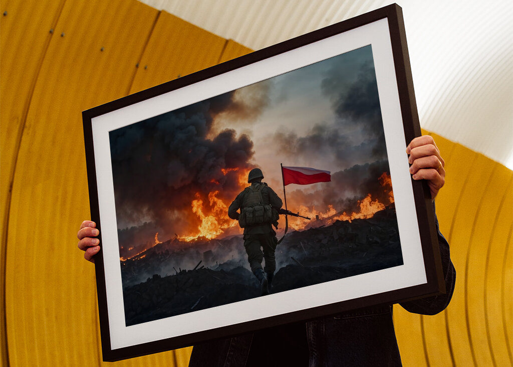 Soldier with Flag in Fire